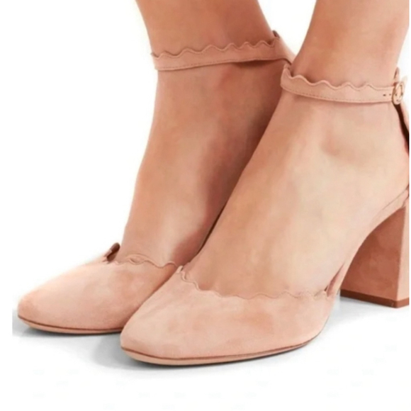 Chloe Shoes - Women's Chloe Tan Suede Scalloped Ankle Strap Heels Size 39.5